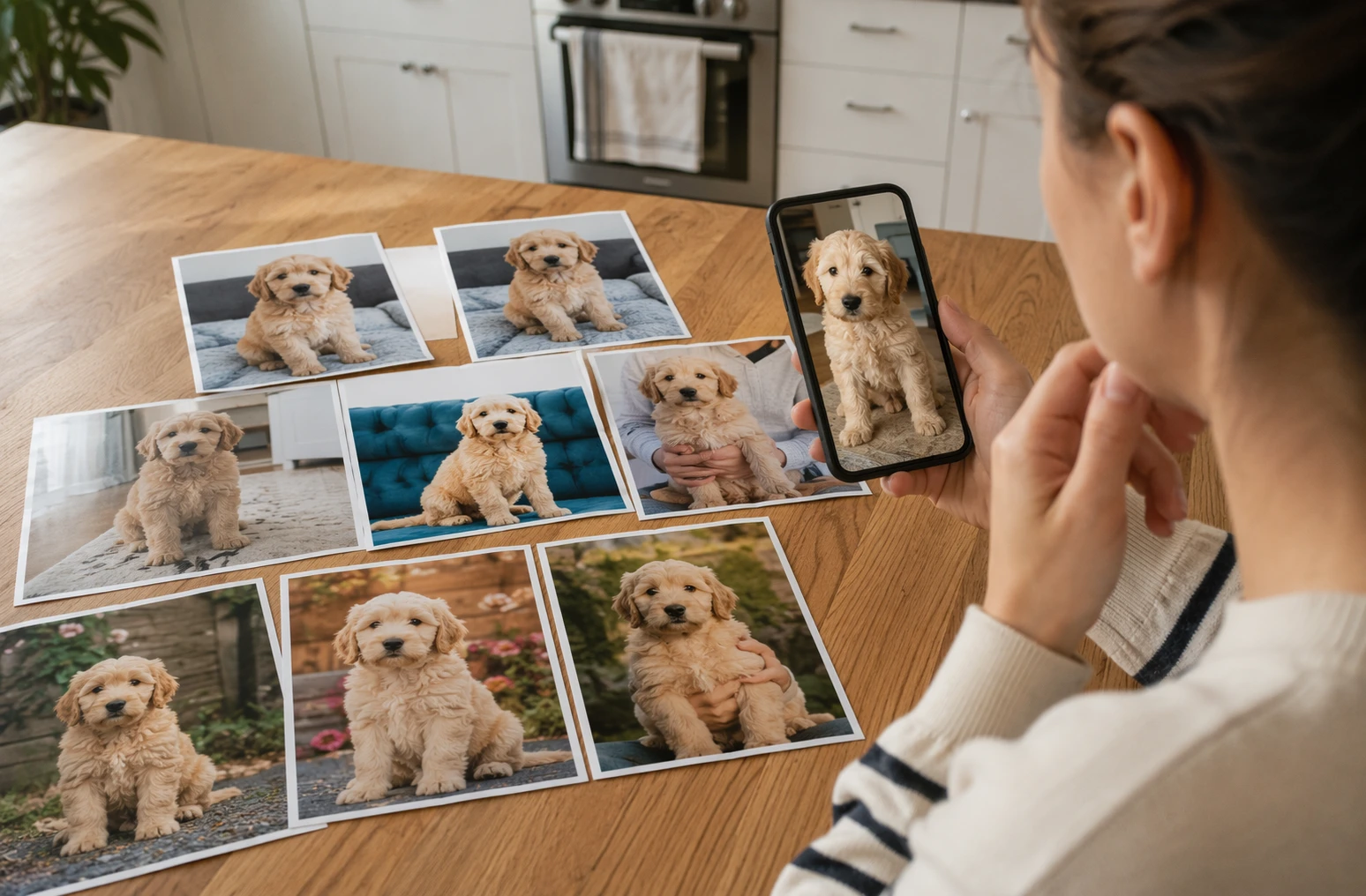 Buyer comparing puppy photos on phone at kitchen table