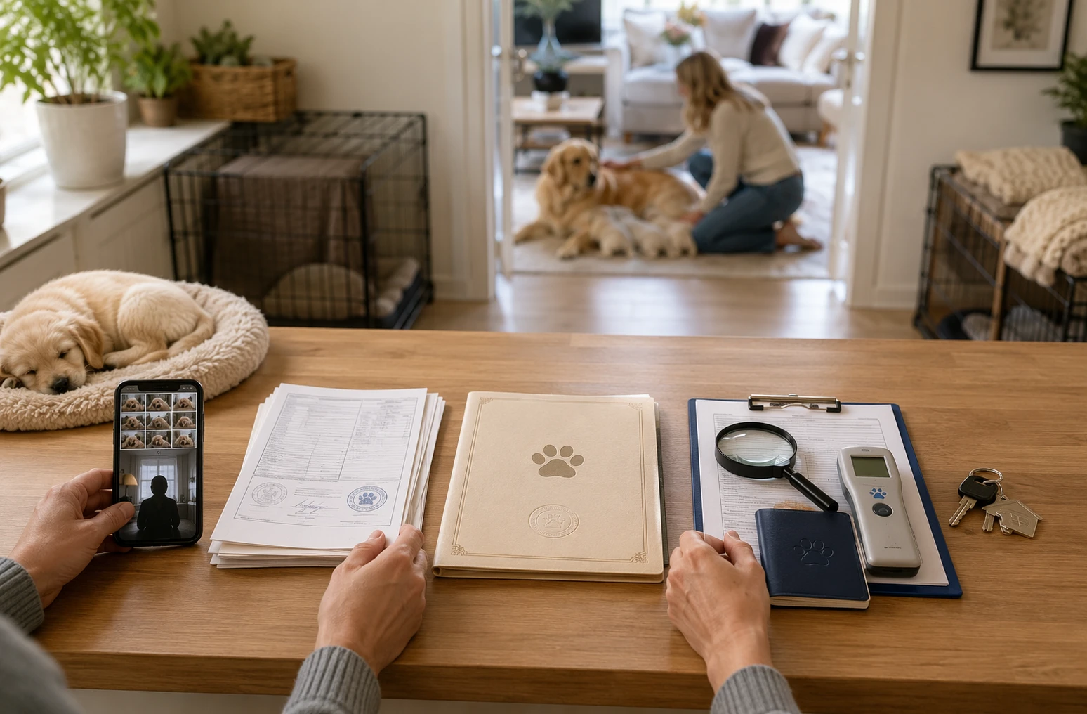 Breeder inspecting puppies in home setting