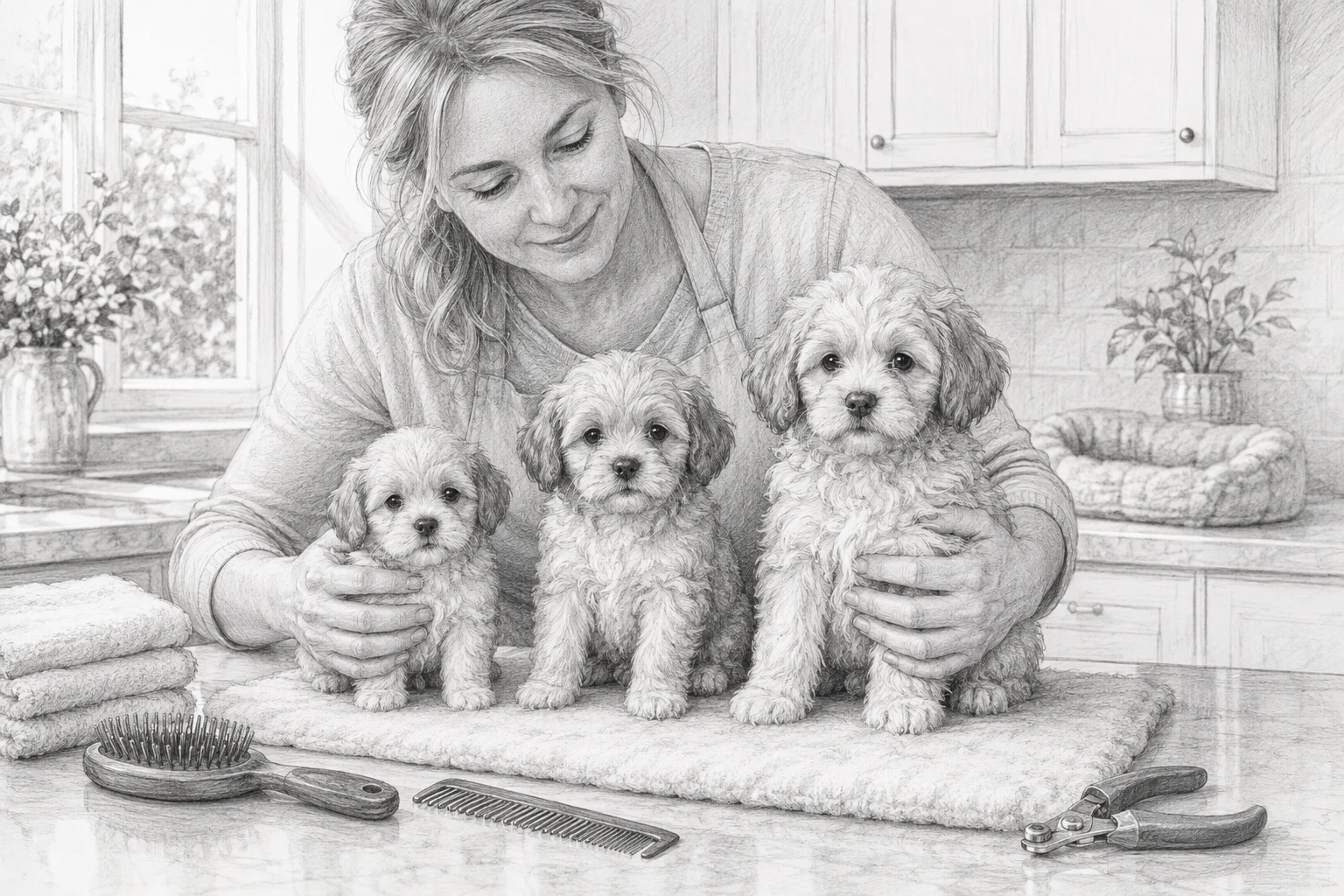 Breeder holding small puppies beside grooming tools