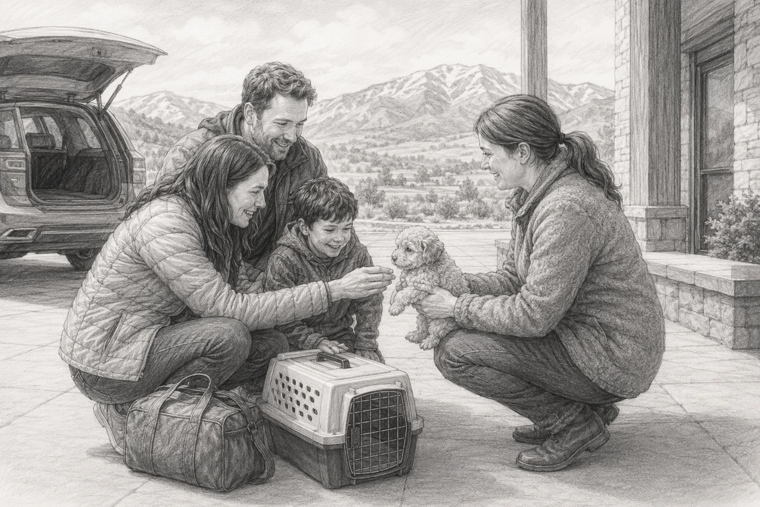 Family meeting small puppy beside luggage at pickup spot