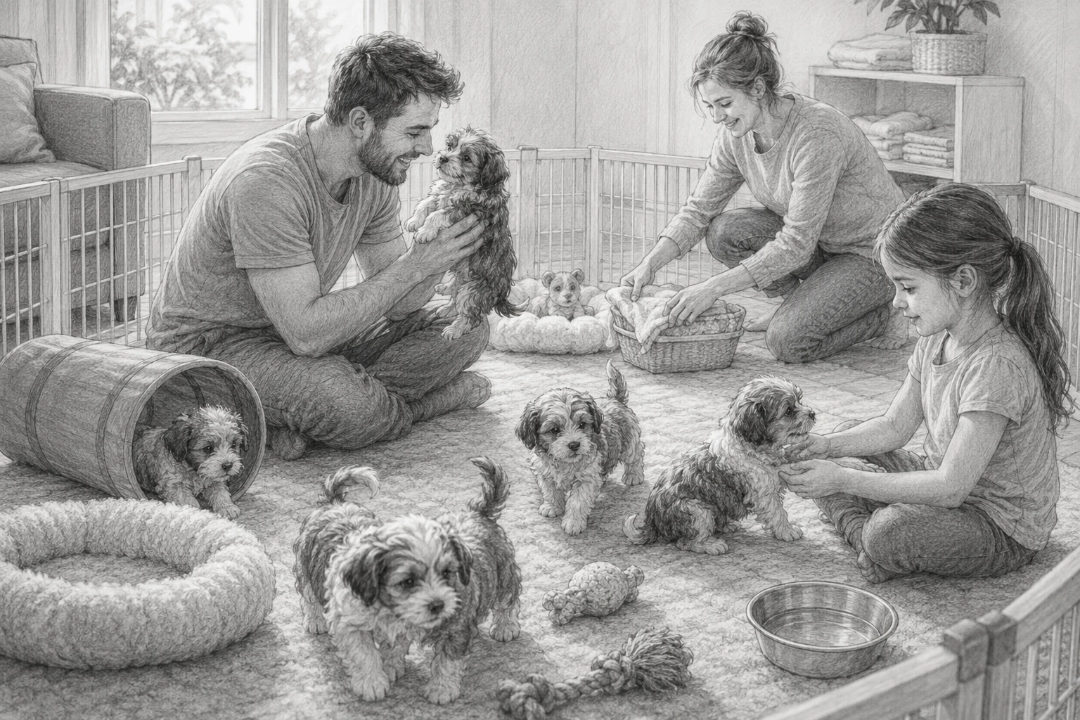 Family caring for puppies in a bright nursery with toys
