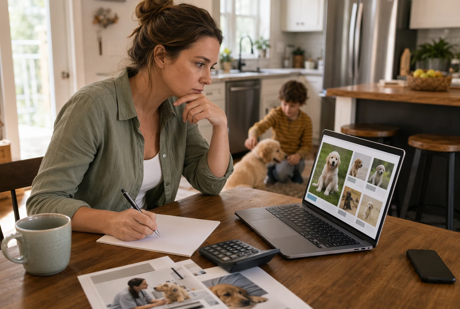Parent comparing puppy listings on laptop at kitchen table