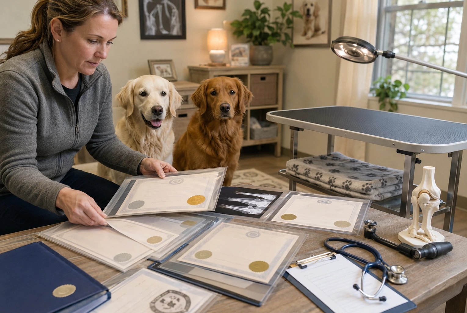 Breeder reviewing health certificates beside exam table