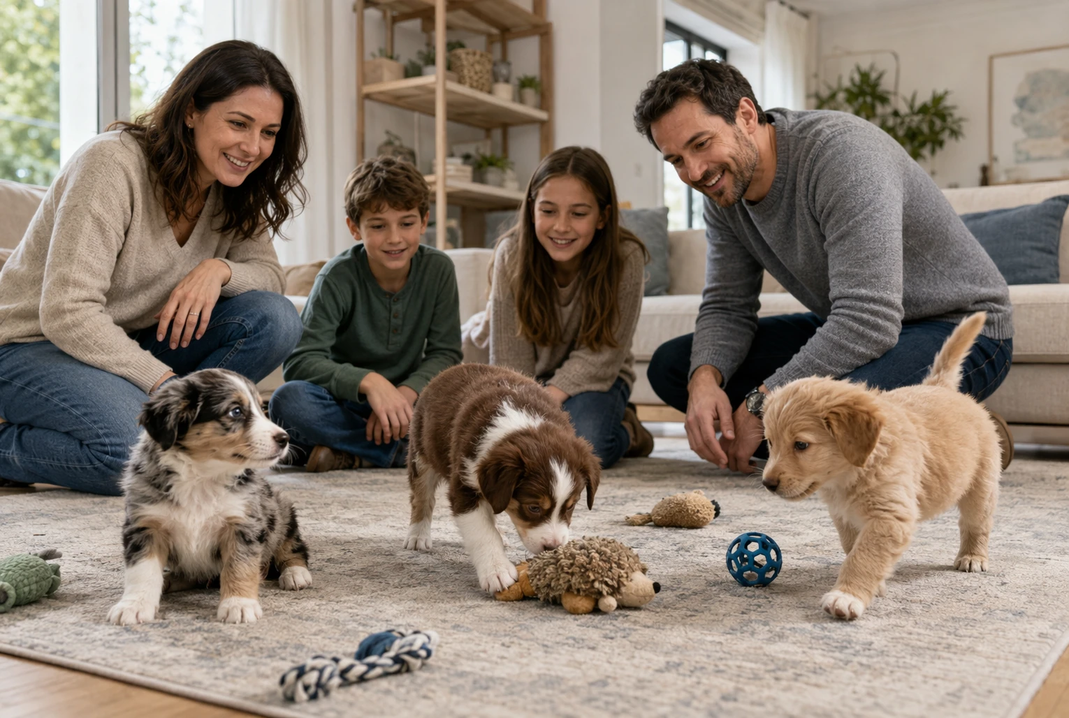 Family observing curious puppies exploring toys