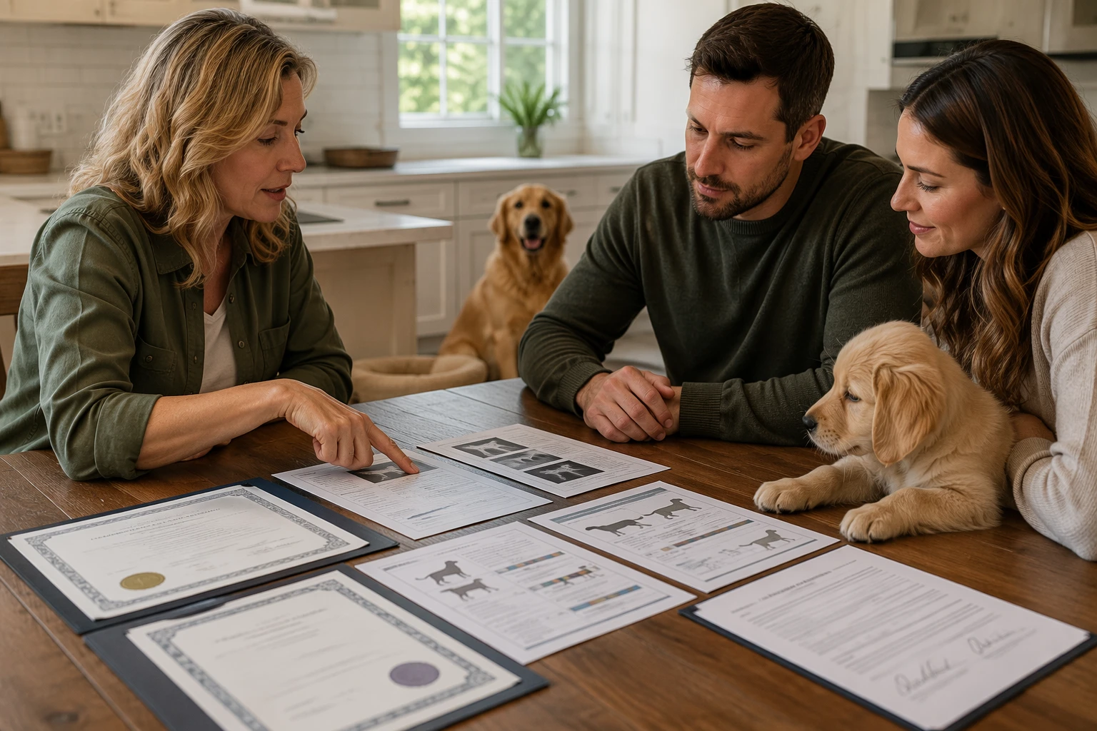 Breeder reviewing health certificates at kitchen table