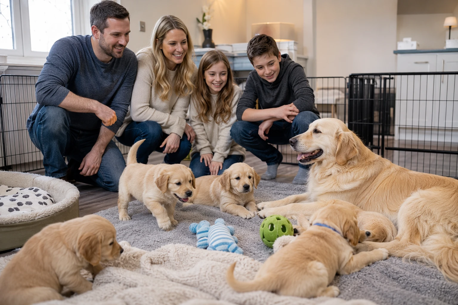 Family observing calm mother dog with playful puppies in bright nursery