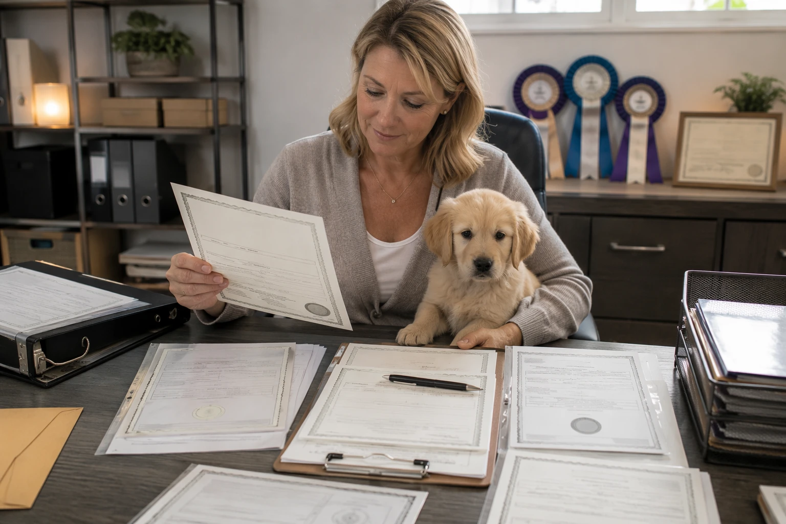 Breeder organizing puppy registration and vaccination records