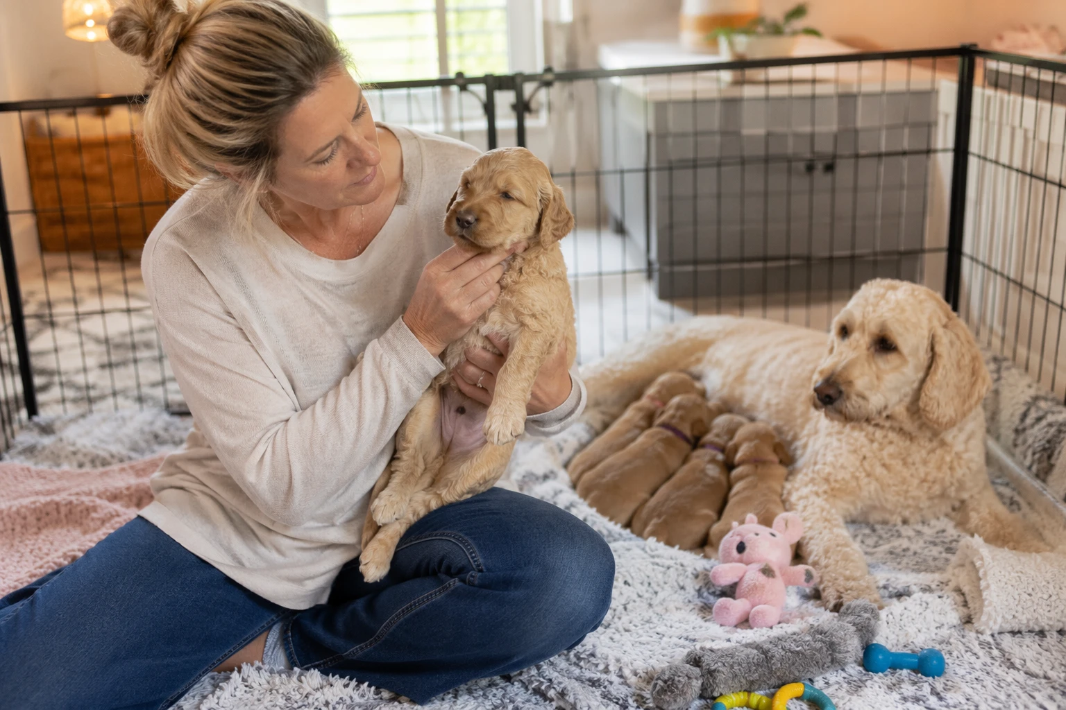 Breeder gently handling a puppy on nursery floor