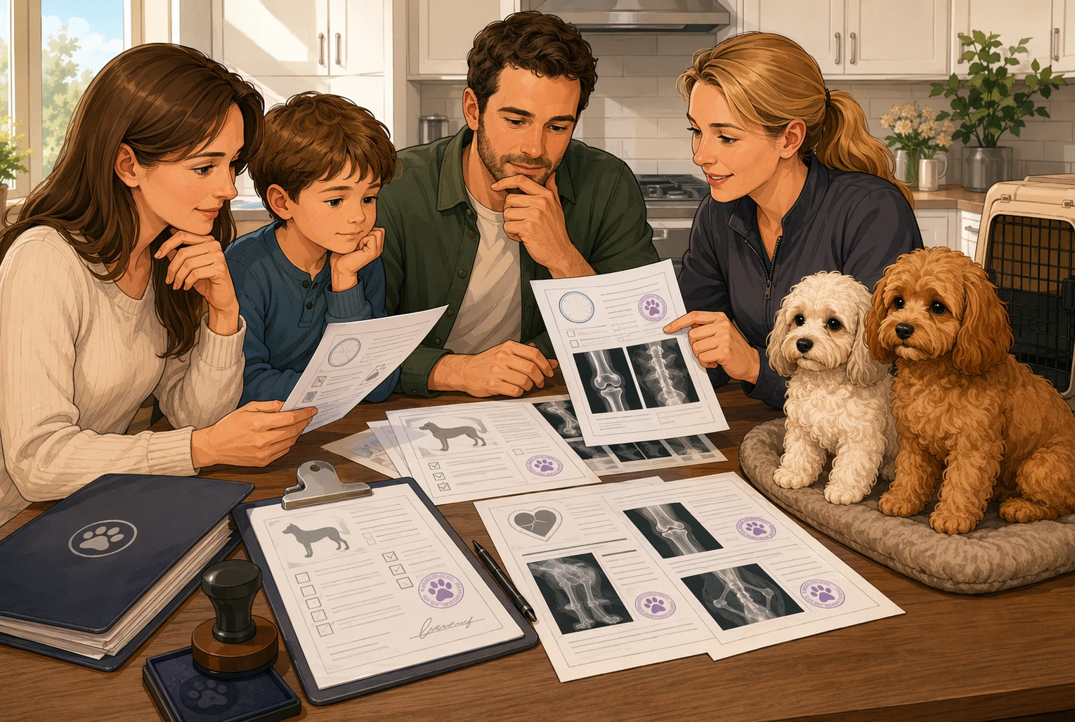 Family reviewing OFA health certificates with small breed dogs in bright kitchen