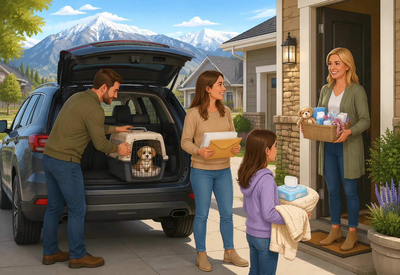 Family loading puppy carrier into SUV outside Utah home