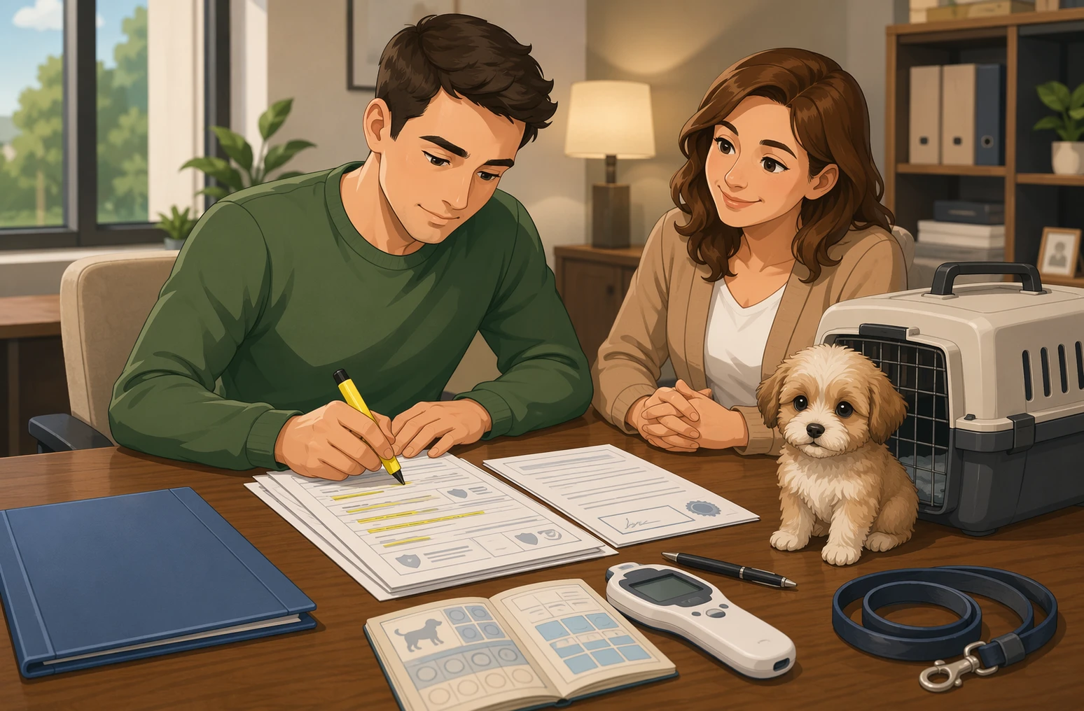 Buyer reviewing puppy contract clauses beside carrier and small breed puppy