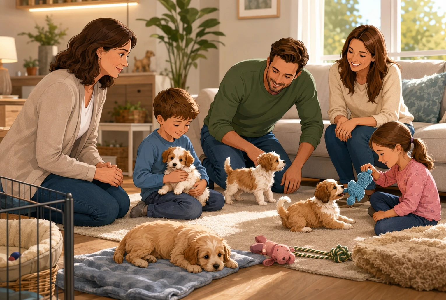 Breeder observing puppies with family in living room