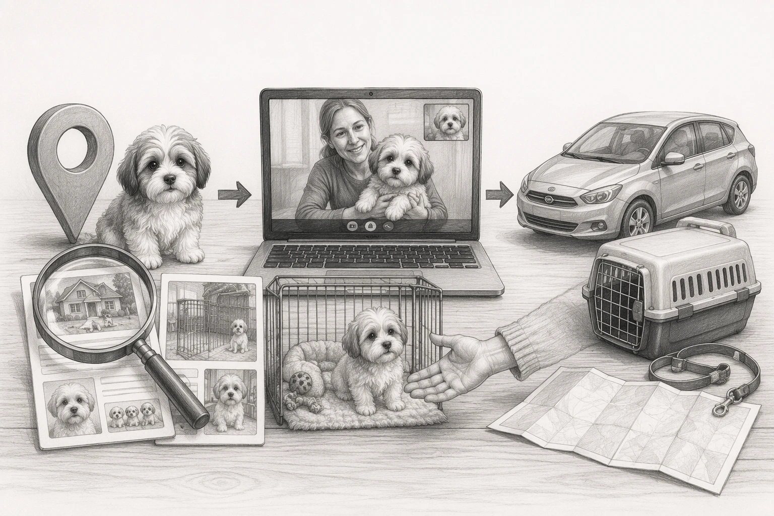 Flowchart illustrating local puppy search filters and breeder verification
