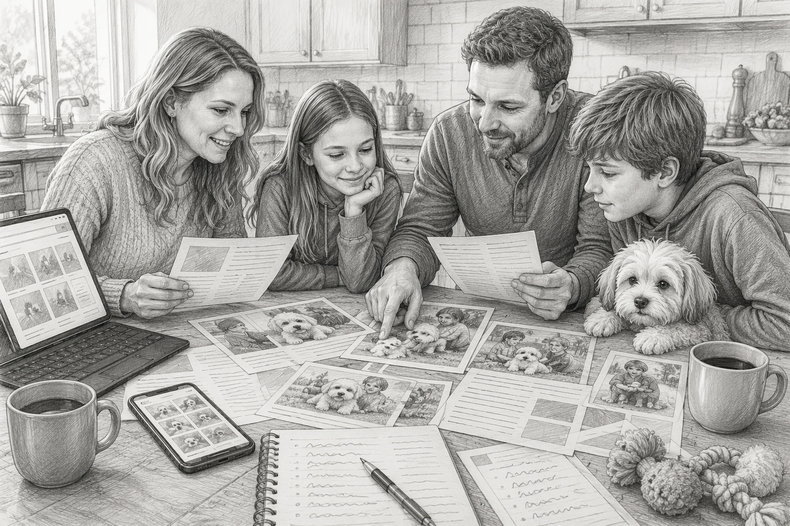 Family reviewing puppy photos and breeder notes at kitchen table