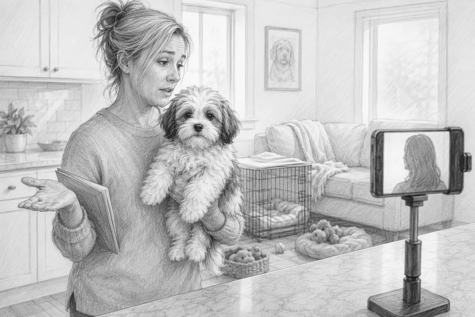 Breeder holding puppy during video call