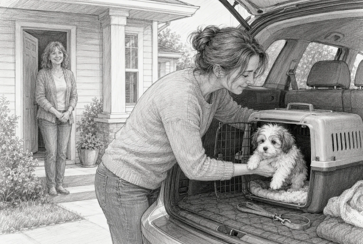 Parent securing Havanese puppy in car crate outside home