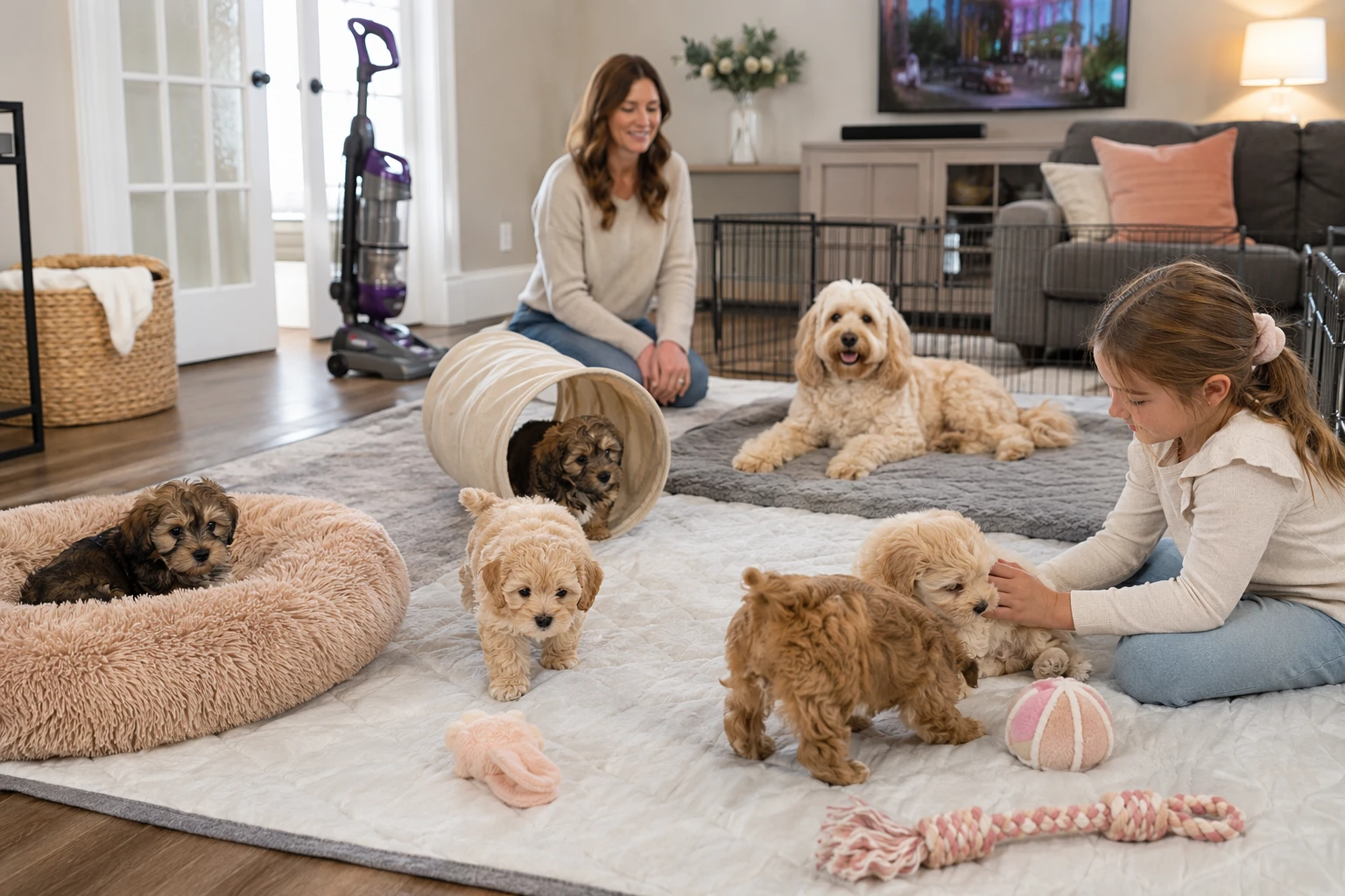 Puppies exploring toys in bright living room