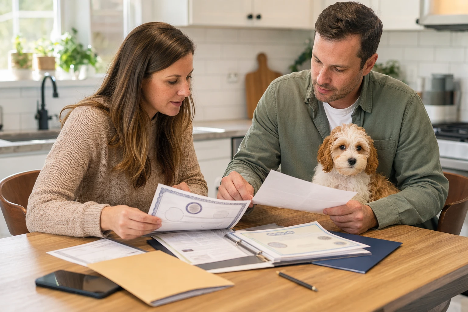 Breeder and buyer reviewing health certificates