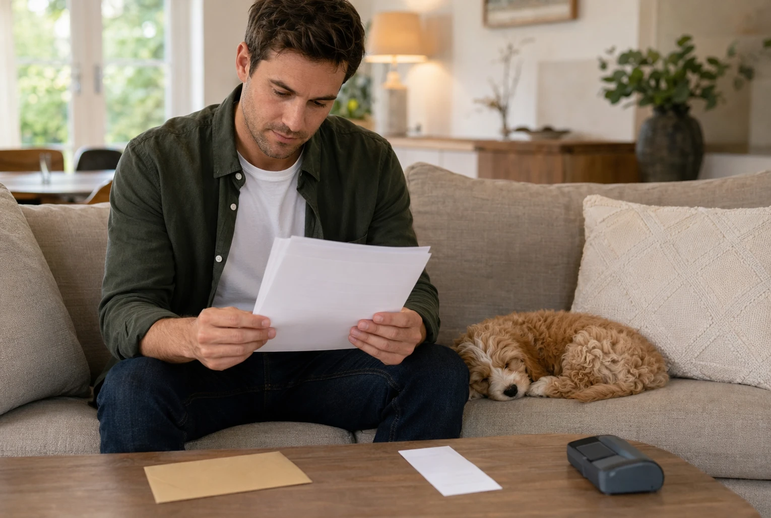 Buyer reviewing puppy contract with sleeping havapoo on sofa