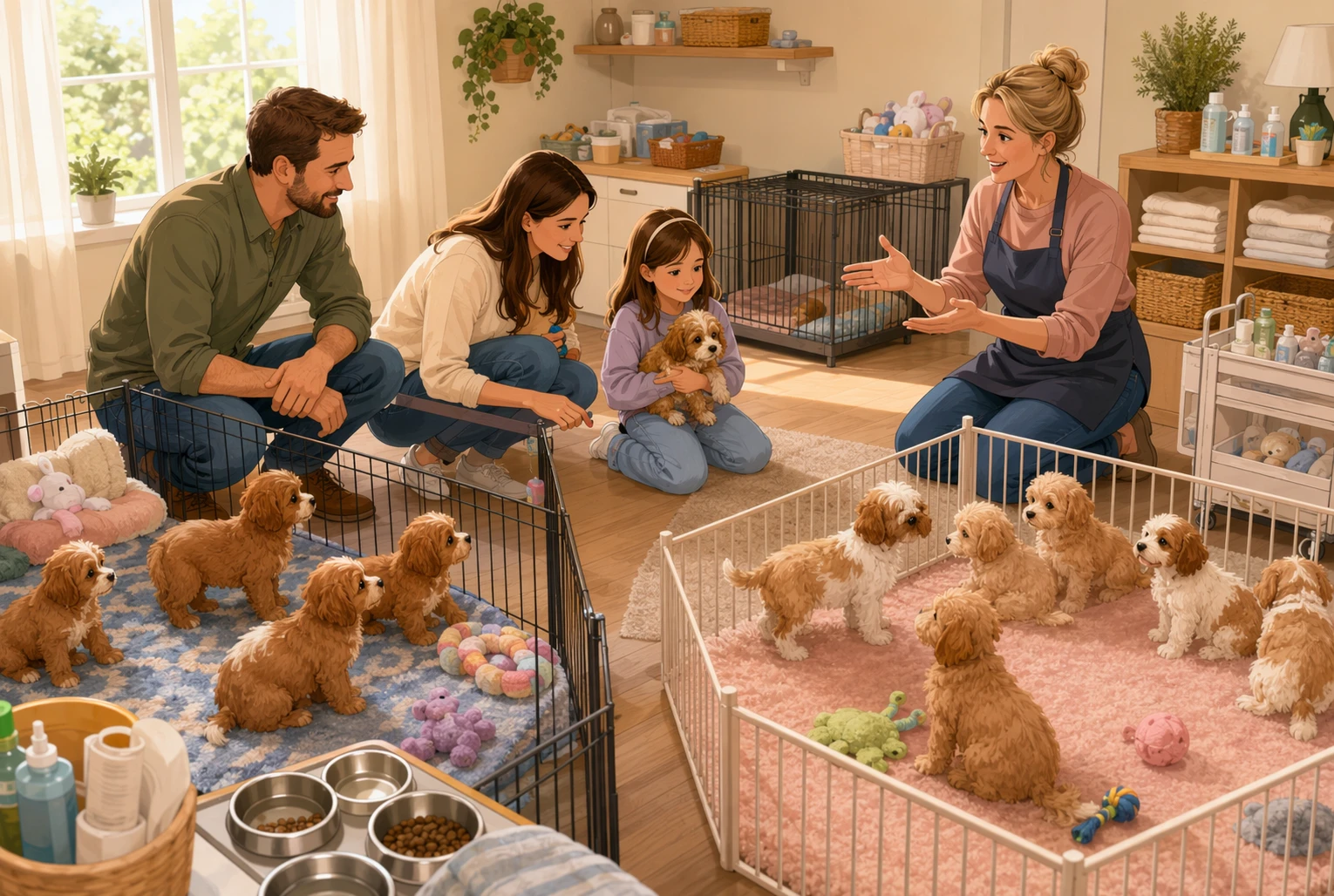 Family comparing two Cavapoo litters in nursery with charts