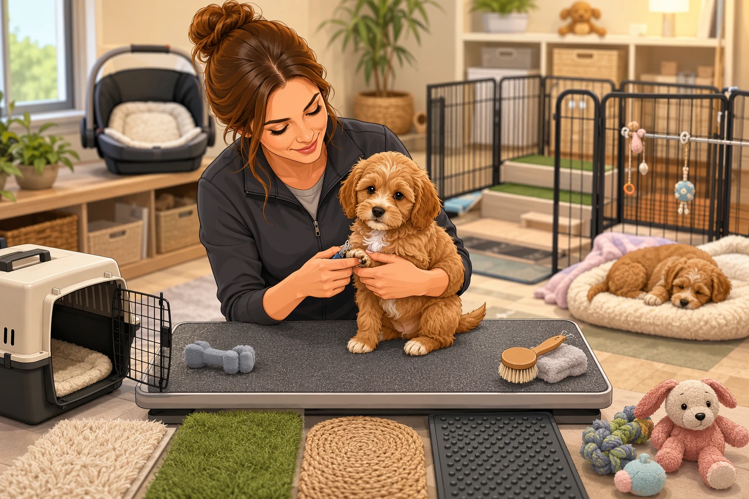 Breeder gently handling Cavapoo puppy during grooming session