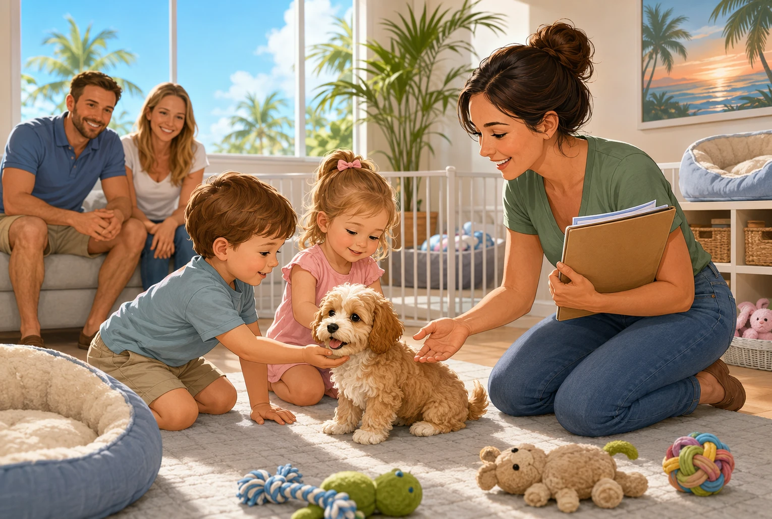 Breeder gently guiding toddlers to meet calm havapoo