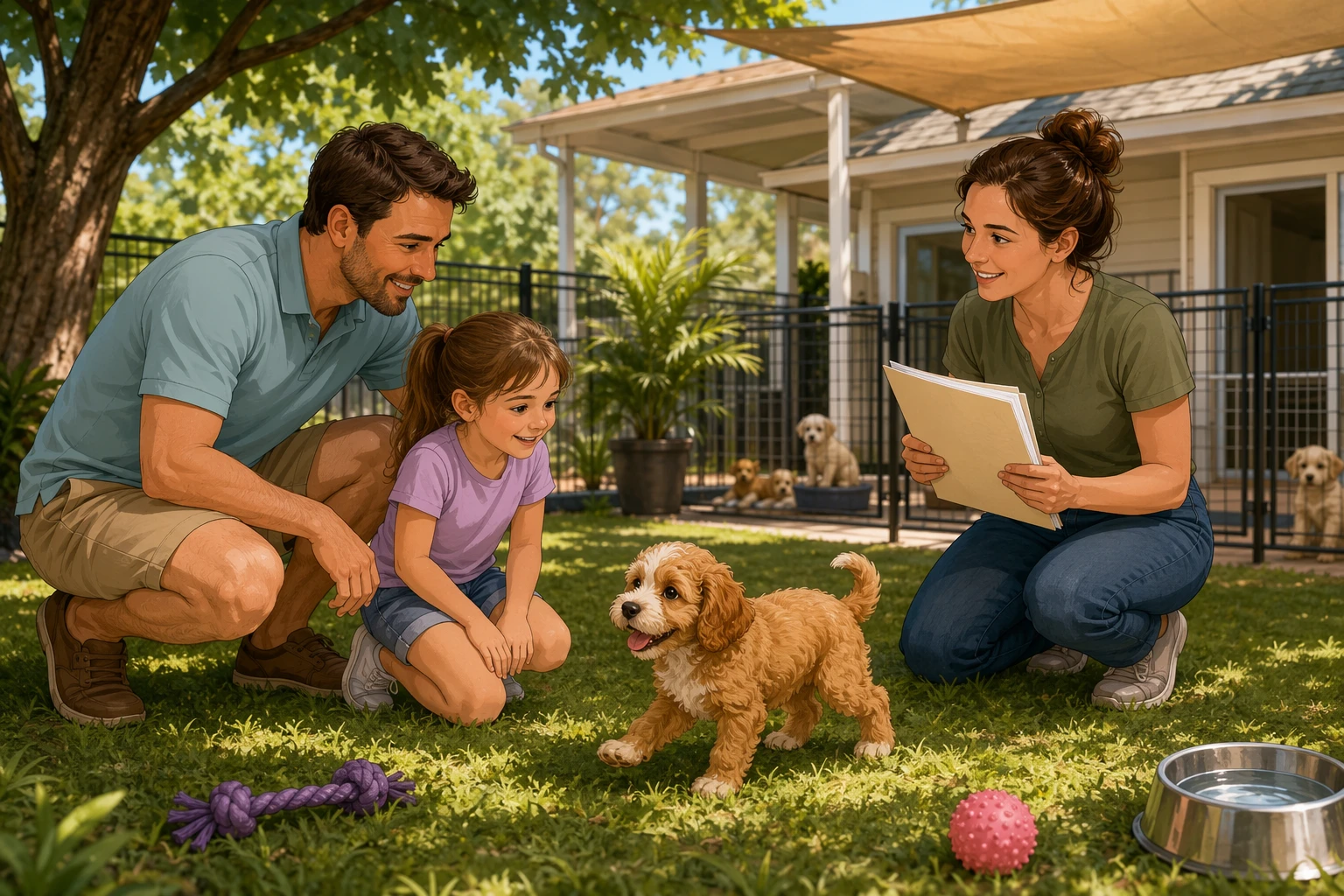 Parent and child observing a playful cavapoo puppy in shaded yard