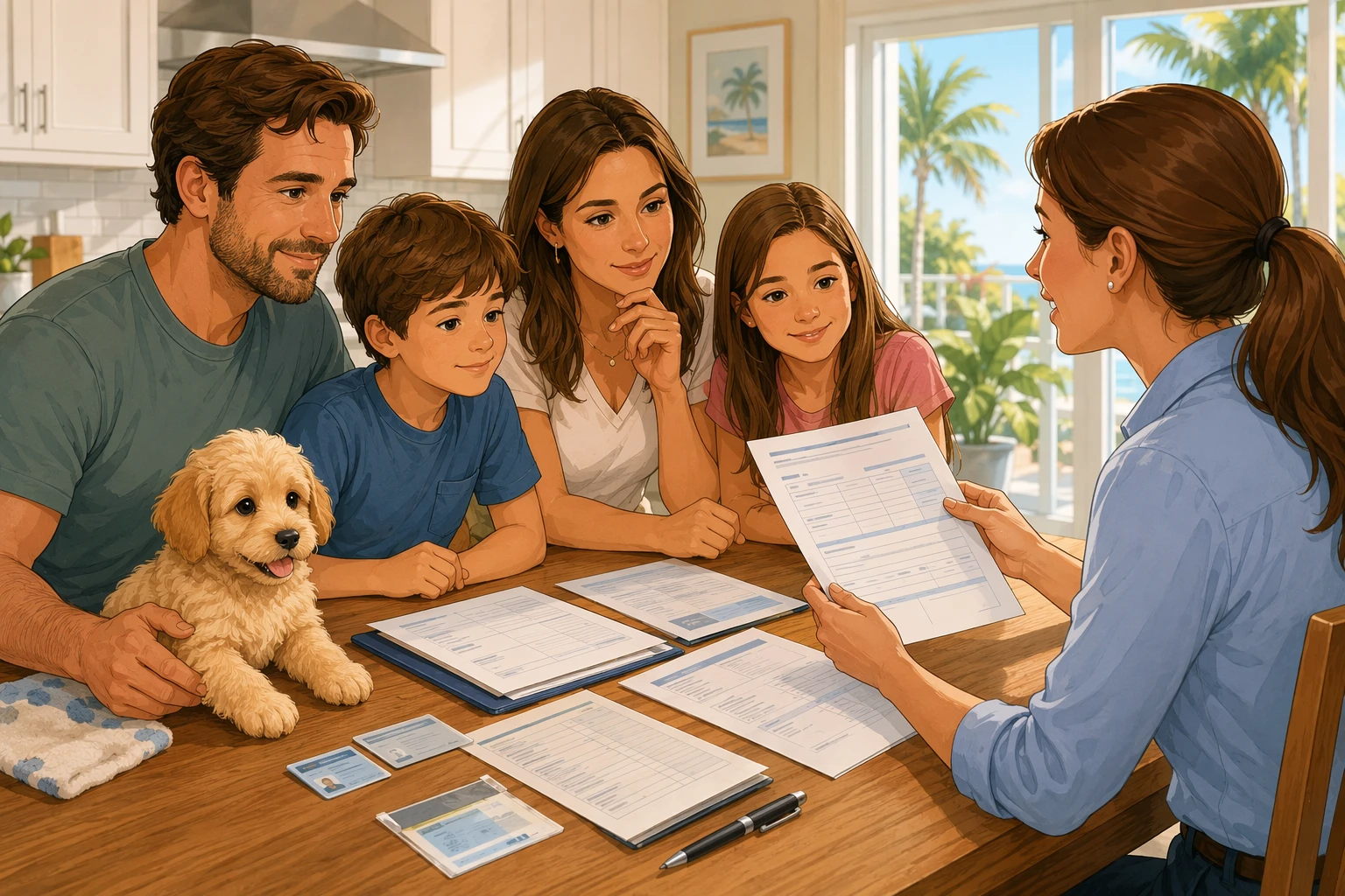Family reviewing puppy health papers with breeder at kitchen table