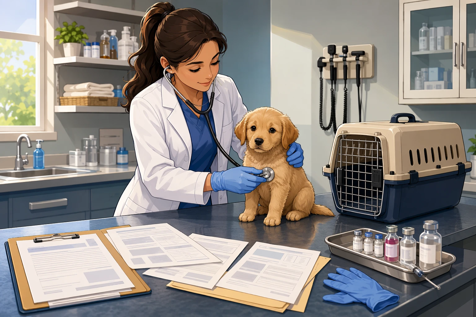 Veterinarian examining puppy with records nearby