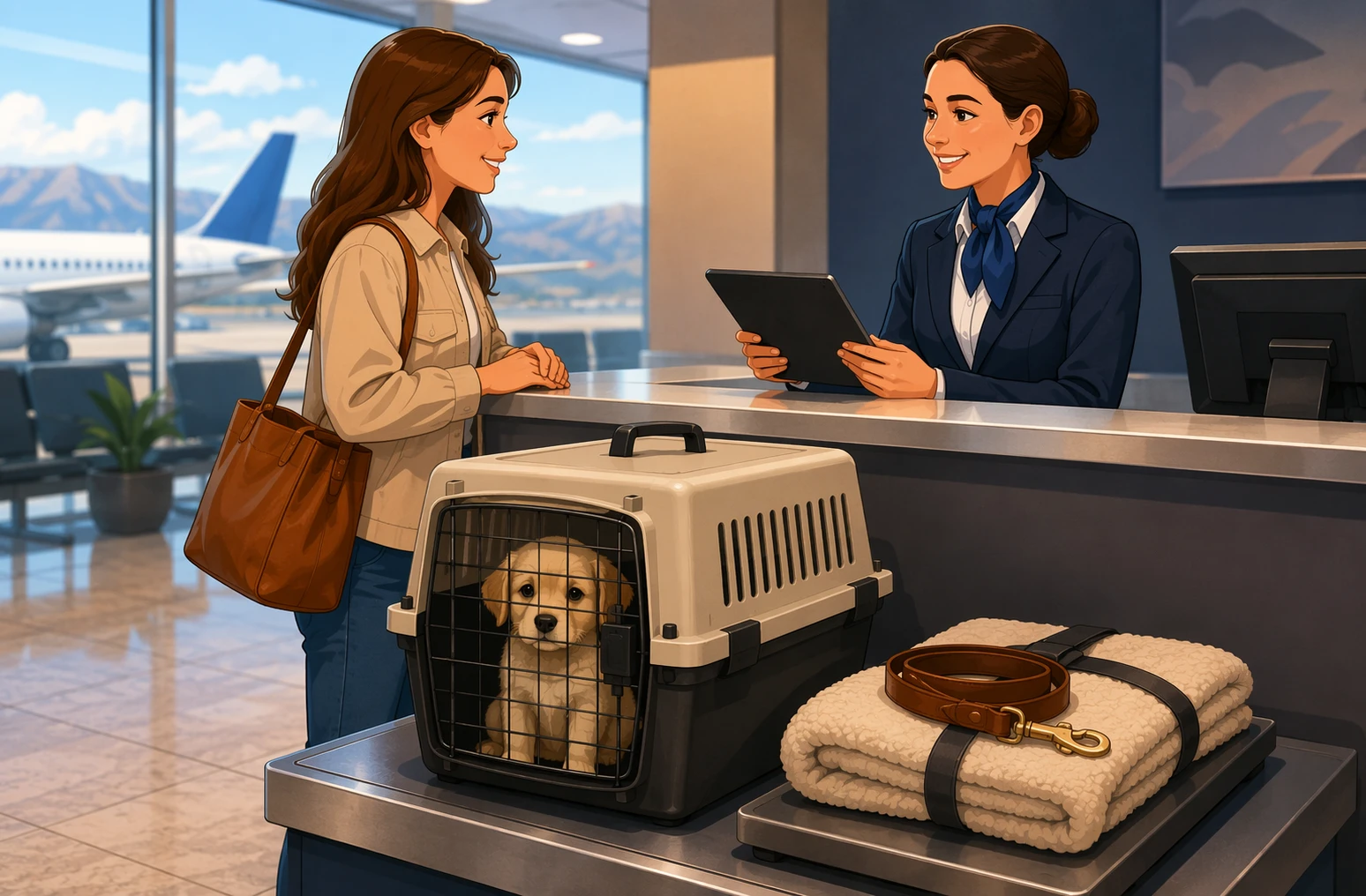Puppy crate and leash at airport check-in