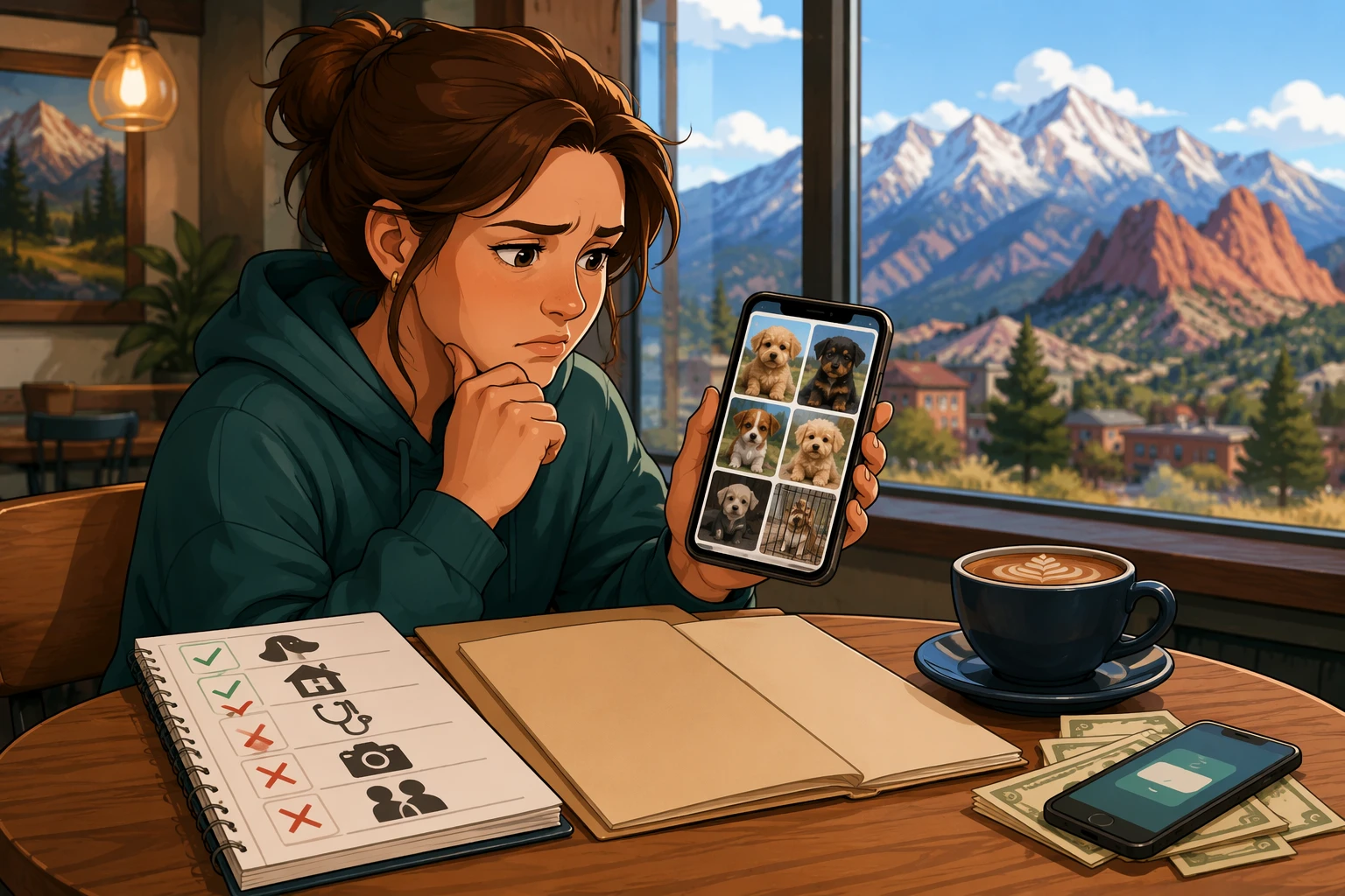 Buyer comparing puppy photos on phone at coffee shop