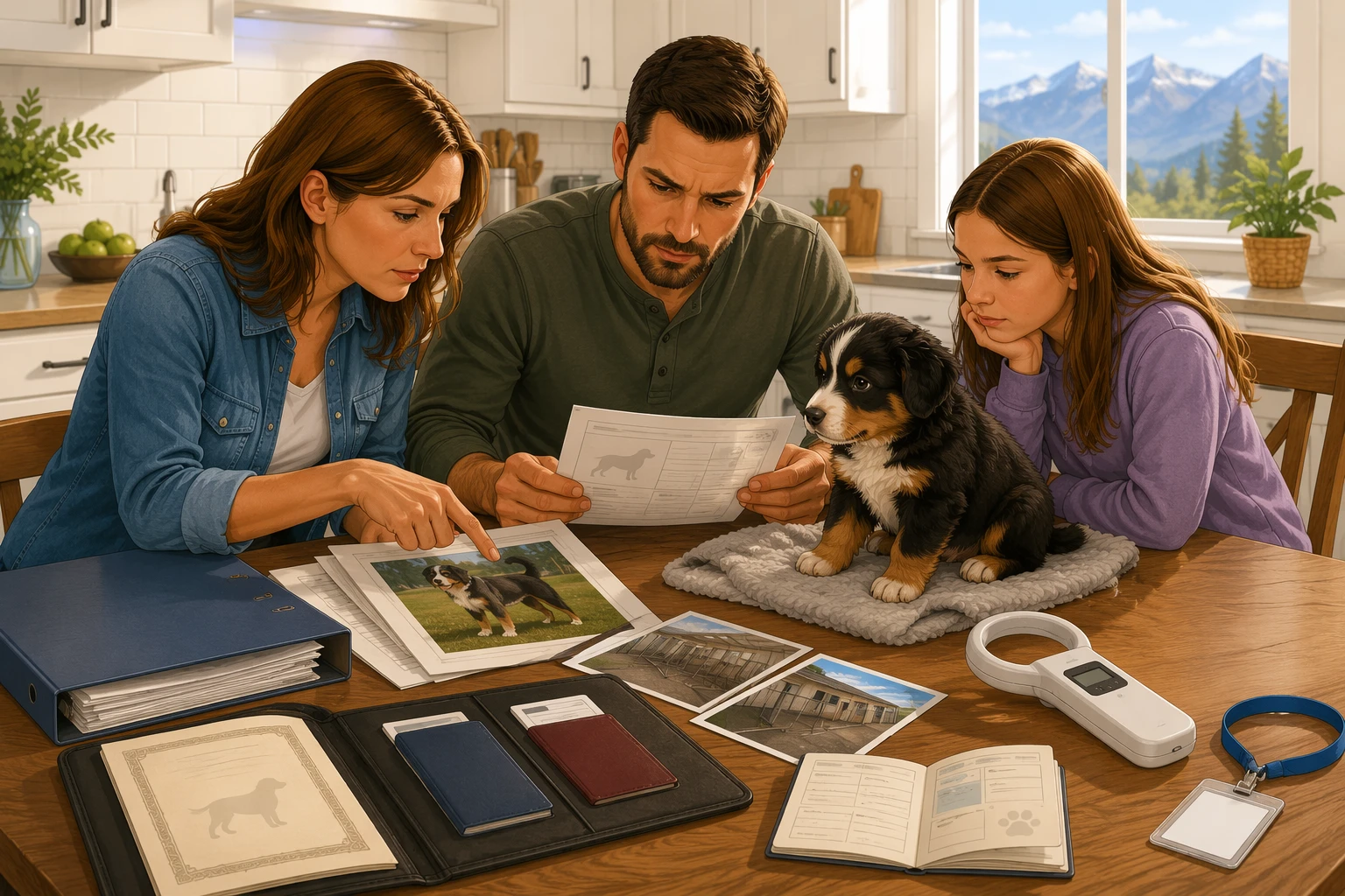 Family reviewing breeder paperwork with small puppy in bright kitchen