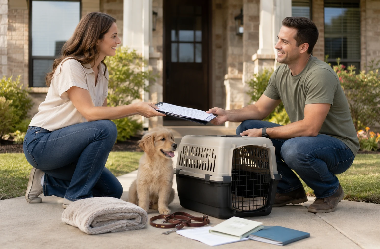 Buyer and breeder outside suburban home with puppy travel crate