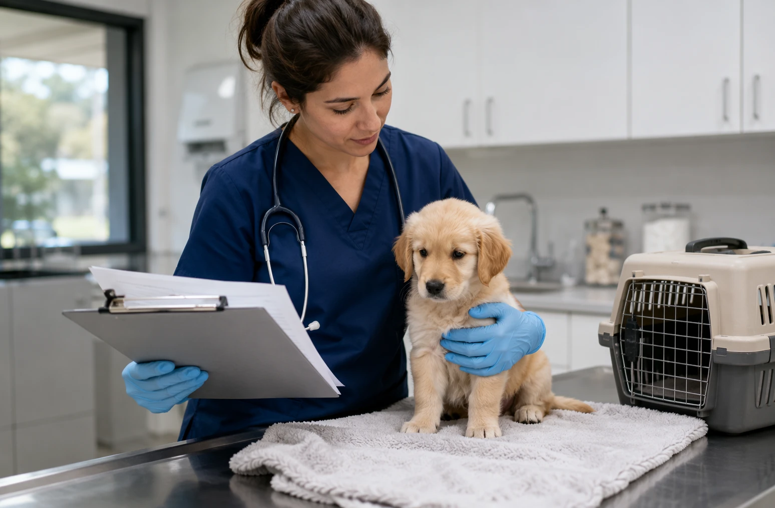 Vet technician holding small puppy with vaccine records
