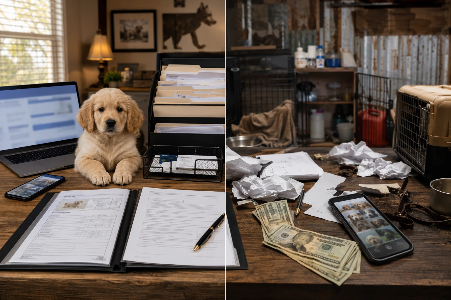 Split-screen of breeder's organized paperwork and vet records