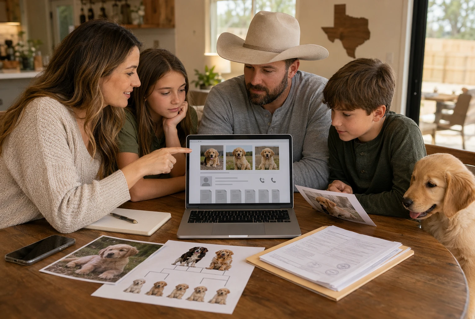Family reviewing puppy listing on laptop in home setting