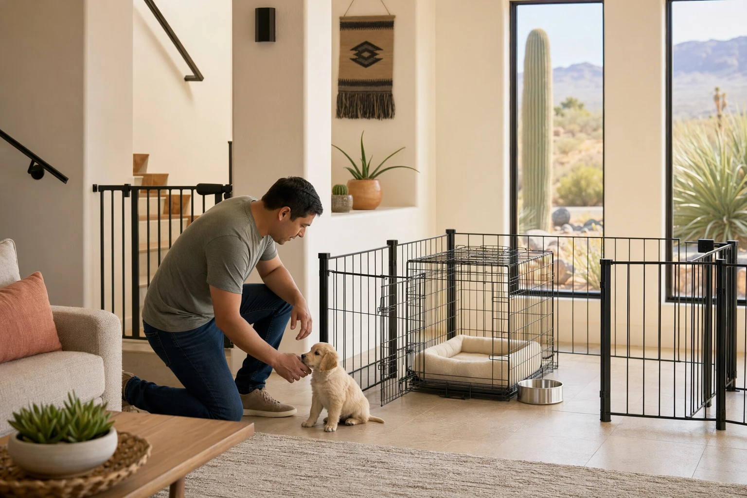 Parent kneeling by puppy gate and crate in tidy Arizona living room