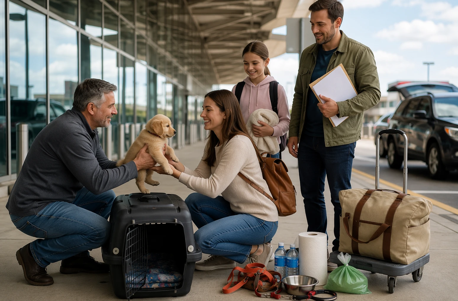 Family receiving puppy beside airport curb with travel crate