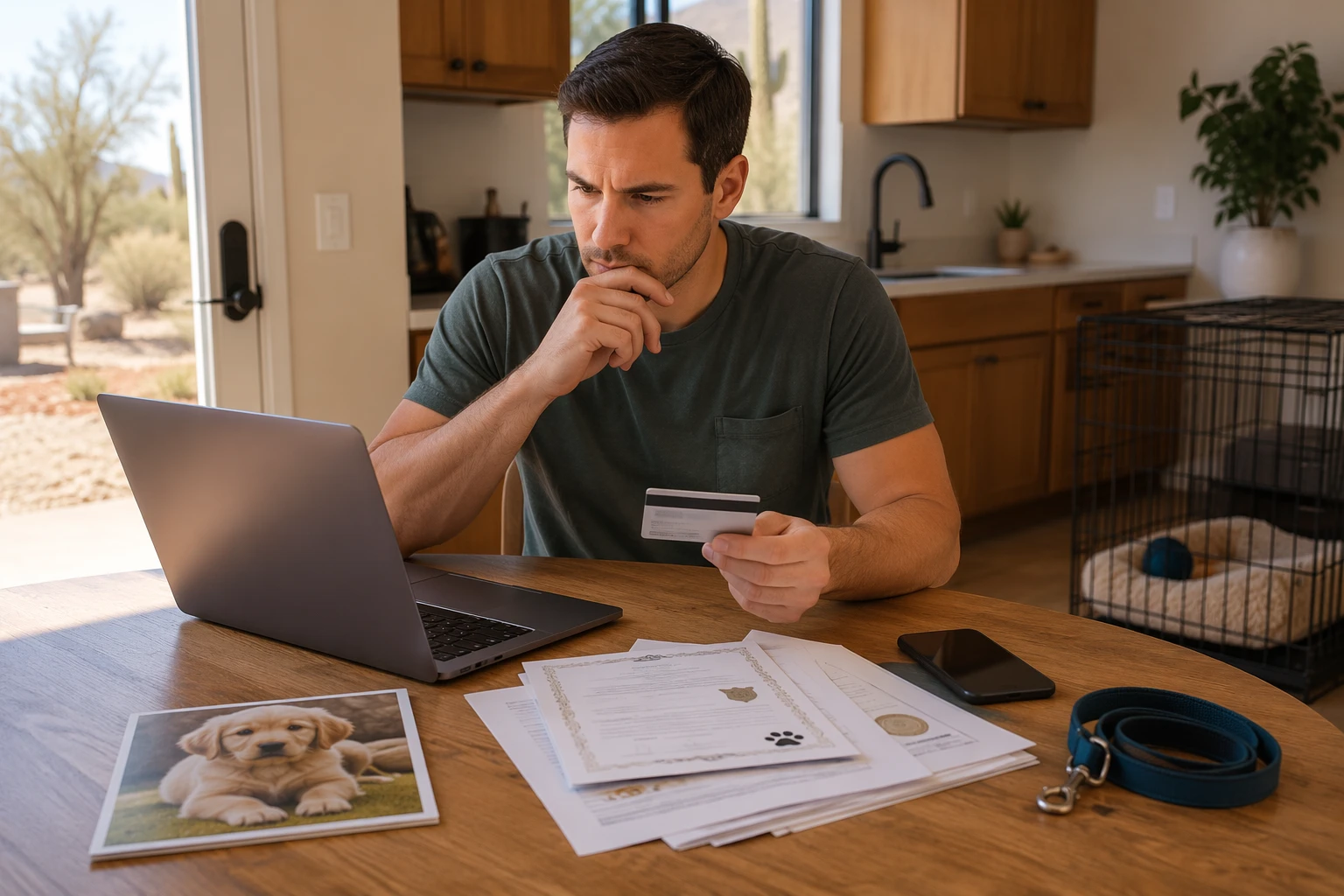 Buyer reviewing puppy records and payment details at kitchen table