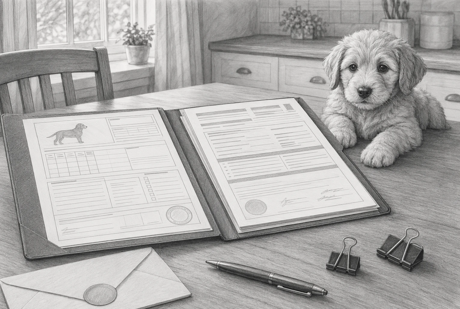 Organized puppy health records on kitchen table