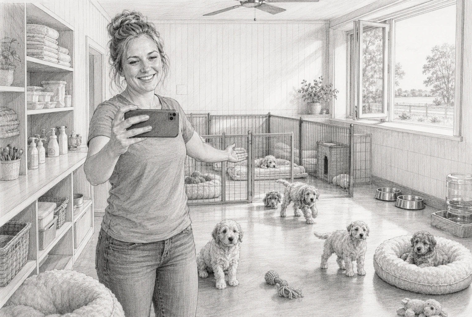 Breeder holding phone during tidy puppy playroom