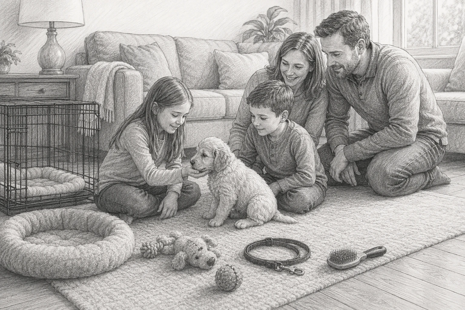 Family with calm puppy on living room rug