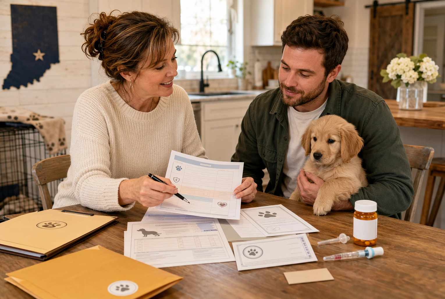 Breeder and buyer reviewing puppy vaccination papers at kitchen table