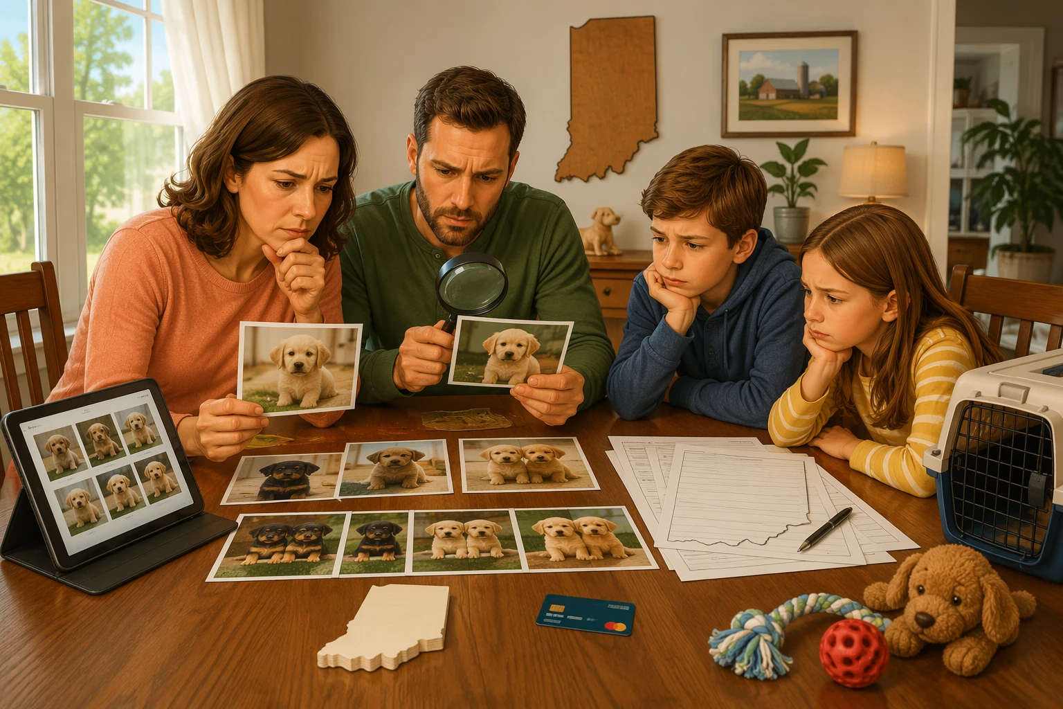 Family comparing puppy photos and paperwork at dining table