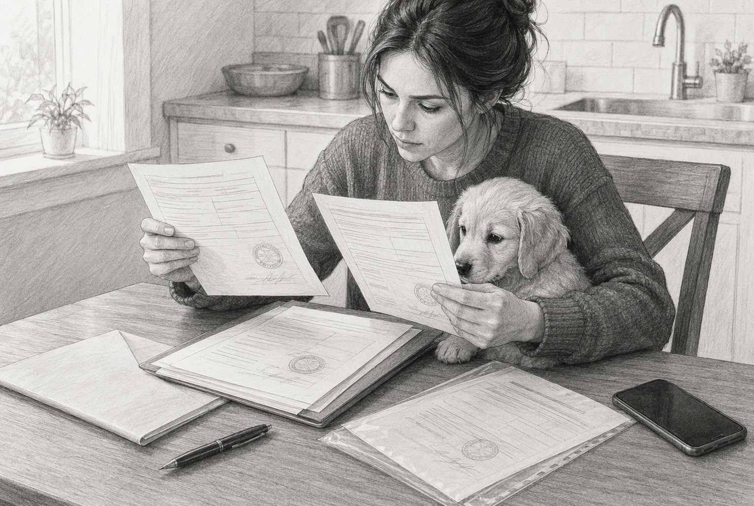 Buyer comparing puppy records at kitchen table