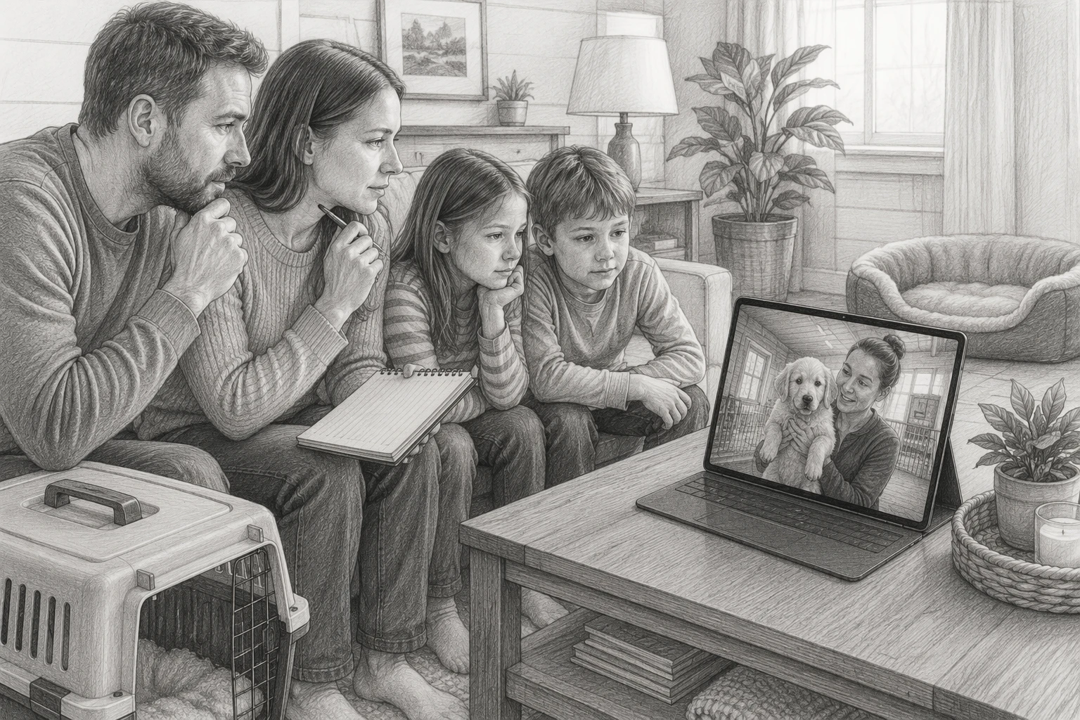 Family on sofa with puppy during video call