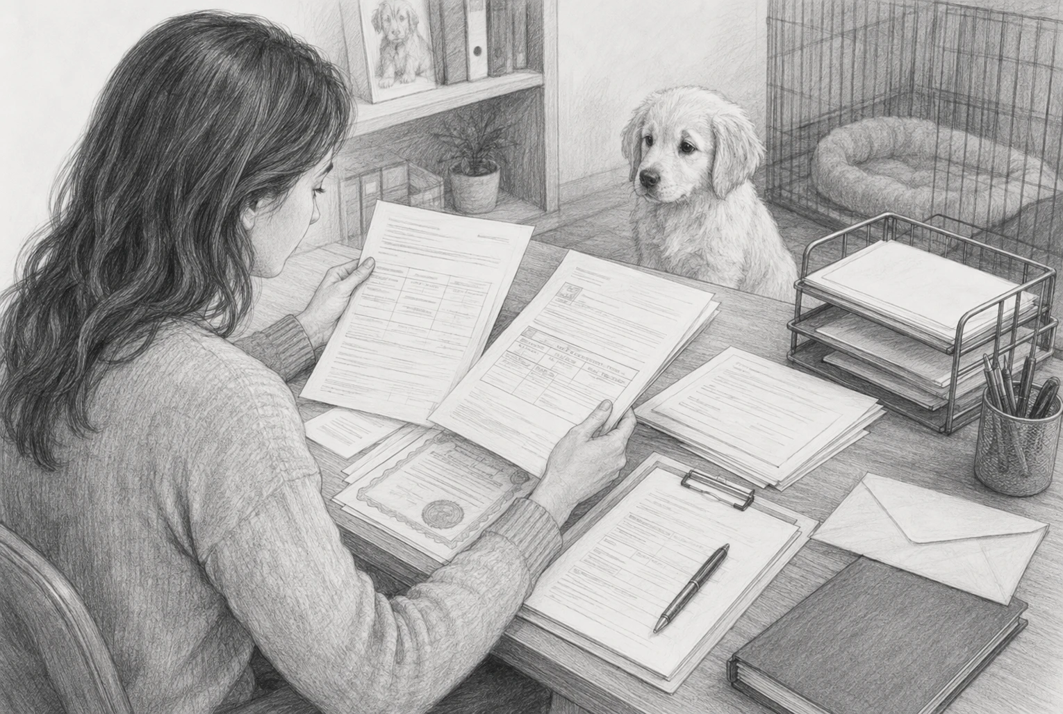 Buyer reviewing puppy sale documents at breeder's desk