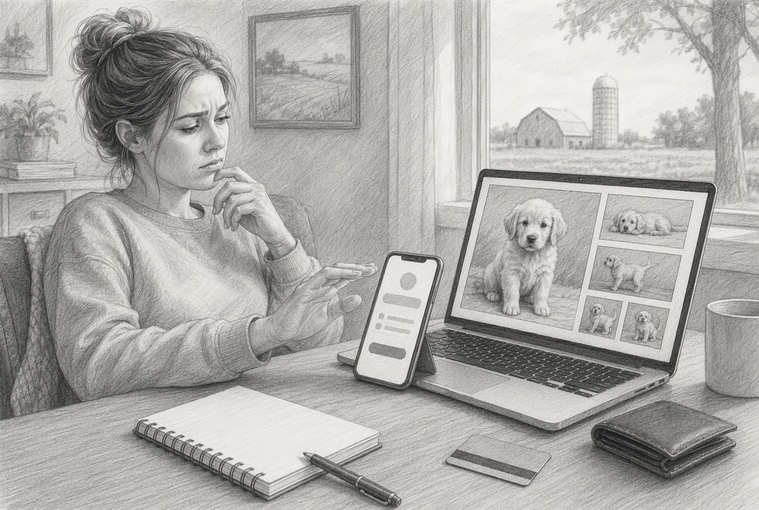 Buyer pausing over phone payment while puppy listing on laptop