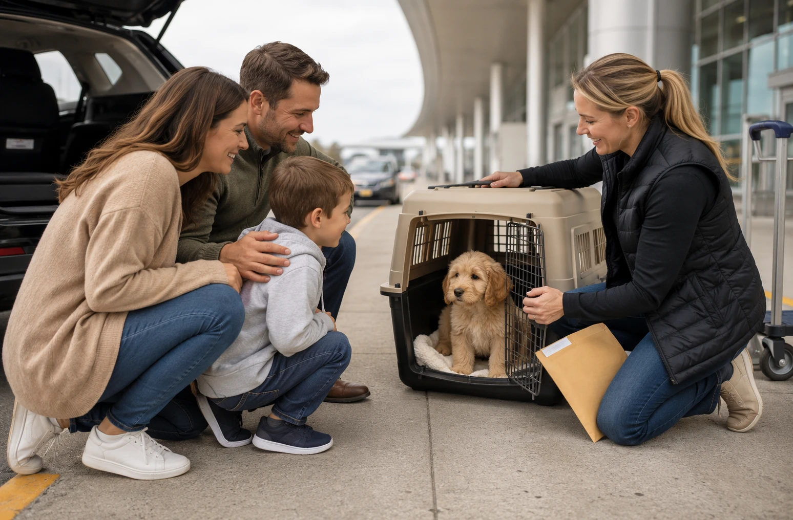 Family meeting a puppy at airport curbside