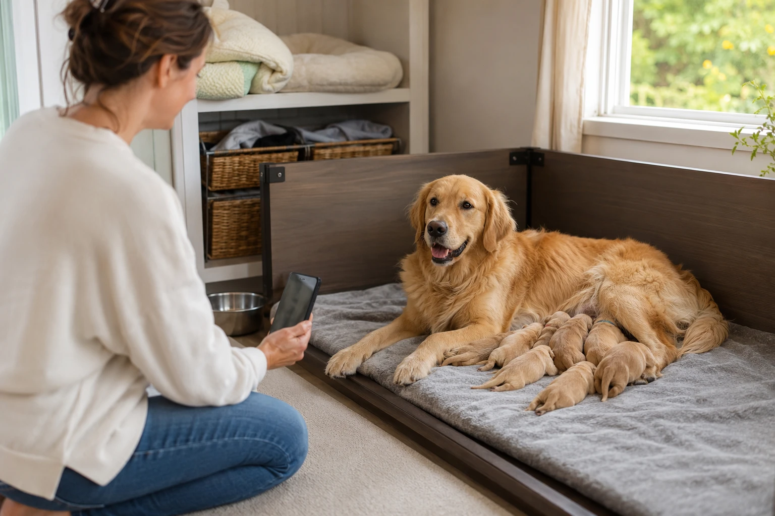 Mother dog resting with nursing puppies in a bright home whelping area